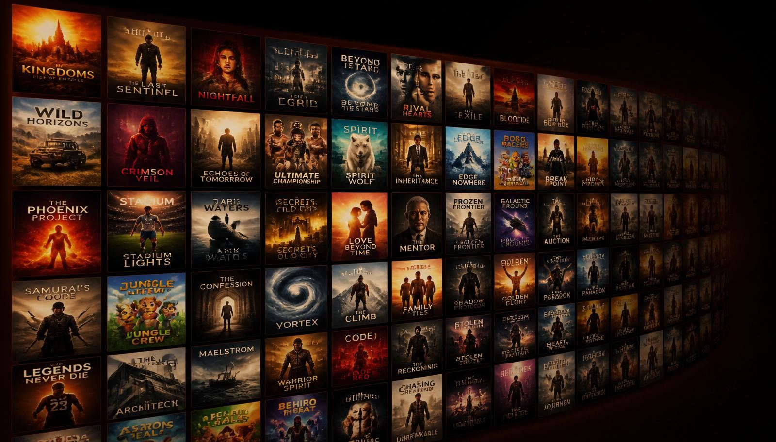 Parede curva com centenas de capas de filmes e séries disponíveis no Blade IPTV