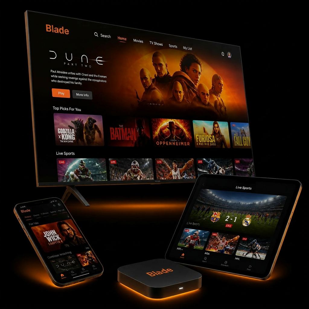 Blade IPTV rodando em Smart TV, celular, tablet e TV Box simultaneamente